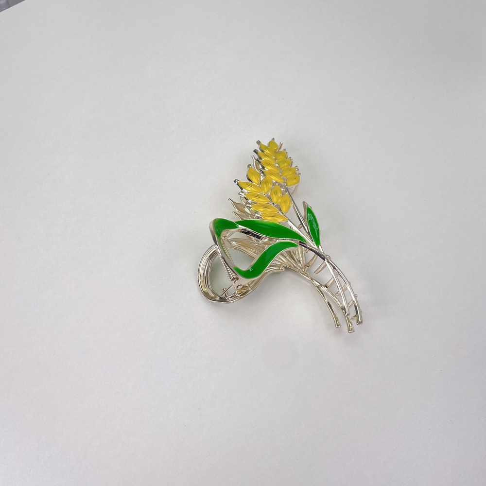 NEW Warm Silver Metal Yellow Wheat Green Leaves Hair Claw - Picture 5 of 8